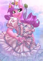 Size: 3500x5000 | Tagged: safe, artist:atryl, oc, oc only, oc:ivy lush, unicorn, anthro, absurd resolution, anthro oc, big breasts, breasts, clothes, cute, dress, female, horn, lolita fashion, mare, patreon, patreon logo, smiling, solo