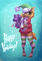 Size: 3500x5000 | Tagged: safe, artist:atryl, oc, oc only, oc:beach ball, anthro, unguligrade anthro, absurd resolution, candy, candy cane, christmas, clothes, food, for you, happy holidays, hat, holiday, patreon, patreon logo, present, santa hat, smiling, socks, solo, striped socks, sweater