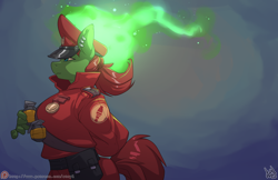 Size: 5400x3500 | Tagged: safe, artist:atryl, oc, oc only, oc:kazlee, anthro, abstract background, absurd resolution, anthro oc, clothes, commission, cosplay, costume, ear piercing, fancy dress uniform, female, fire, gentle manne's service medal, green fire, grenade, hat, mare, patreon, patreon logo, piercing, scorching flames, soldier, soldier (tf2), solo, team captain, team fortress 2, unusual hat