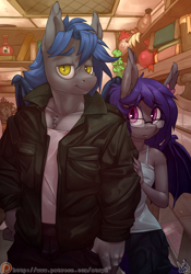 Size: 3500x5000 | Tagged: safe, artist:atryl, oc, oc only, oc:dusk rhine, oc:racket rhine, bat pony, anthro, absurd resolution, anthro oc, bat pony oc, brother and sister, clothes, cute, duo, female, glasses, jacket, looking at you, male, mare, nervous, potion, rule 63, shop, siblings, smiling, stallion