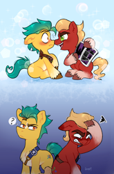 Size: 2076x3140 | Tagged: safe, artist:soniana_draws, hitch trailblazer, sprout cloverleaf, earth pony, g5, my little pony: a new generation, blushing, chest fluff, colt, colt hitch trailblazer, colt sprout cloverleaf, cute, foal, food, gay, hitchbetes, male, question mark, sheriff's badge, ship:clovertrail, shipping, sproutbetes, unrequited, younger