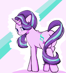 Size: 999x1100 | Tagged: safe, artist:sallycars, starlight glimmer, pony, unicorn, g4, butt, covering, crossed legs, female, glimmer glutes, hair over one eye, horn, looking at you, looking back, looking back at you, mare, ms paint, plot, solo, starlight glimmer day, tail, tail covering