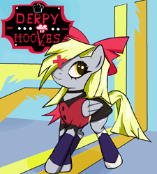 Size: 1420x1580 | Tagged: safe, artist:sallycars, derpy hooves, pegasus, pony, g4, alternate hairstyle, angel costume, bow, choker, clothes, cosplay, costume, crossover, derpy day, eyepatch, female, gloves, hair bow, hazbin hotel, hellaverse, mare, moth costume, shirt, skirt, socks, solo, stockings, thigh highs, vaggie