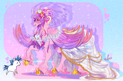 Size: 2938x1944 | Tagged: safe, artist:bunnari, princess cadance, shining armor, alicorn, pony, unicorn, g4, blush lines, blushing, bride, clothes, colored hooves, colored wings, curved horn, dress, duo, female, fetlock tuft, groom, horn, male, mare, meme, multicolored mane, multicolored wings, raised hoof, spread wings, stallion, straight horn, the bride and the ugly ass groom, wedding dress, wings