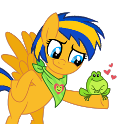 Size: 1520x1520 | Tagged: safe, artist:mlpfan3991, oc, oc only, oc:flare spark, oc:ribbert, frog, pegasus, pony, bandana, bipedal, female, leap day, male, pet, simple background, solo, transparent background