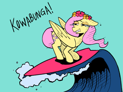 Size: 1169x877 | Tagged: safe, artist:balileart, fluttershy, pegasus, pony, g4, blue background, crying, female, floppy ears, floral head wreath, flower, gritted teeth, kowabunga, mare, narrowed eyes, ocean, simple background, solo, surfboard, surfing, teeth, water, wave, windswept mane