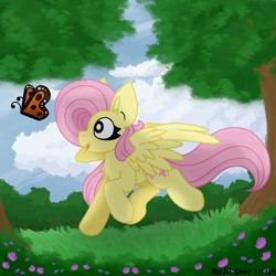 Size: 3000x3000 | Tagged: safe, artist:nordicgoat, fluttershy, butterfly, pegasus, pony, g4, female, forest, mare, nature, solo, tree