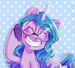 Size: 1218x1094 | Tagged: safe, artist:soniana_draws, izzy moonbow, pony, unicorn, g5, my little pony: a new generation, ^^, adorkable, cute, dork, eyes closed, female, glasses, gradient mane, gradient tail, grin, half body, hoof heart, horn, izzybetes, mare, polka dot background, round glasses, smiling, smiling at you, solo, tail, underhoof, unshorn fetlocks