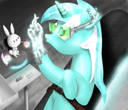 Size: 1280x1095 | Tagged: safe, artist:cosmicradish, angel bunny, lyra heartstrings, cyborg, g4, artificial hands, hand, she actually did ask for this