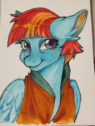 Size: 3072x4080 | Tagged: safe, artist:tendocake, windy whistles, pegasus, pony, g4, cute, ear fluff, freckles, looking at you, marker drawing, photo, smiling, smiling at you, solo, traditional art, windybetes, wrong eye color