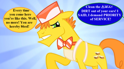 Size: 1280x720 | Tagged: safe, edit, edited screencap, editor:korora, screencap, carrot cake, a bird in the hoof, g4, bowtie, carrot cake is not amused, censored vulgarity, dialogue, flipped image, grawlixes, hat, implied oc, offscreen character, speech bubble, unamused