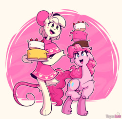 Size: 1000x974 | Tagged: safe, artist:whygena, pinkie pie, earth pony, mouse, pony, g4, cake, chest fluff, cute, duo, floppy ears, food, furry, looking at each other, looking at someone, raised hoof, raised leg, reggie (whygena)