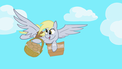 Size: 1920x1080 | Tagged: safe, artist:rivershine, derpy hooves, pegasus, pony, g4, cloud, delivery, delivery pony, derp, female, flying, food, mare, muffin, package, sky