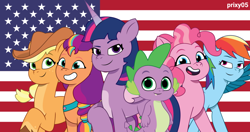 Size: 1024x539 | Tagged: safe, artist:edy_january, artist:prixy05, applejack, pinkie pie, rainbow dash, spike, sunny starscout, twilight sparkle, alicorn, dragon, earth pony, pegasus, pony, g4, g5, my little pony: tell your tale, alternate name, american flag, applejack's hat, cowboy hat, flag, hat, simple background, sunny and her heroine, twilight sparkle (alicorn), united states, wallpaper