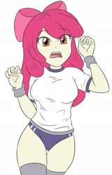 Size: 1314x2048 | Tagged: safe, artist:sumin6301, apple bloom, human, equestria girls, g4, 2d, bow, breasts, busty apple bloom, clothes, eye clipping through hair, eyebrows, eyebrows visible through hair, female, hair bow, legs, legs together, older, older apple bloom, open mouth, shirt, short sleeves, simple background, socks, solo, thigh gap, thigh highs, thighs, white background, wristband