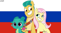 Size: 2048x1120 | Tagged: safe, artist:edy_january, artist:prixy05, edit, fluttershy, hitch trailblazer, sparky sparkeroni, dragon, earth pony, pegasus, pony, g4, g5, my little pony: tell your tale, flag, hitch and his 2nd heroine, russia, russian flag, simple background, vector used