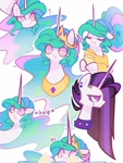 Size: 1537x2048 | Tagged: safe, artist:cloudbewwy, princess celestia, alicorn, pony, g4, alternate hairstyle, cup, cute, cutelestia, doodle, female, gasp, hair bun, hi, mare, no pupils, open mouth, open smile, punklestia, question mark, smiling