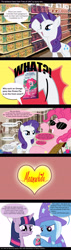 Size: 2362x8268 | Tagged: safe, artist:sparky velt, pinkie pie, rarity, trixie, twilight sparkle, earth pony, unicorn, g4, absurd resolution, comic, horn, merchandise, toothpaste