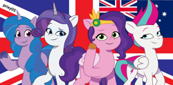 Size: 1094x540 | Tagged: safe, artist:edy_january, artist:prixy05, edit, vector edit, izzy moonbow, pipp petals, rarity, zipp storm, pegasus, pony, unicorn, g4, g5, my little pony: tell your tale, australia, britain, england, flag, horn, pipp and her heroine, united kingdom, vector