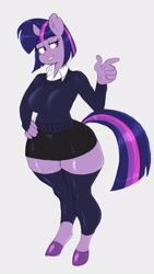 Size: 1459x2590 | Tagged: safe, artist:g-art, twilight sparkle, unicorn, anthro, unguligrade anthro, g4, clothes, female, finger gun, gray background, hand on hip, horn, looking offscreen, miniskirt, one eye closed, short hair, simple background, skirt, smiling, socks, solo, sweater, thigh highs, thighlight sparkle, thunder thighs, white background, wide hips, wink, zettai ryouiki