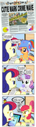 Size: 1200x4201 | Tagged: safe, artist:pixelkitties, apple bloom, scootaloo, sweetie belle, trixie, oc, oc:bon chance, earth pony, pegasus, pony, unicorn, g4, comic, cutie mark crusaders, ear piercing, earring, female, filly, foal, horn, implied cannibalism, jewelry, mare, movie reference, newspaper, piercing, sitting, the usual suspects