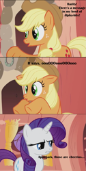 Size: 689x1362 | Tagged: safe, edit, applejack, rarity, earth pony, unicorn, g4, family guy, horn