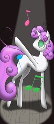 Size: 446x1024 | Tagged: safe, artist:kharmatika, sweetie belle, g4, colored, concave belly, curly mane, curly tail, female, filly, foal, indoors, long tail, music notes, old art, raised hoof, slender, solo, spotlight, tail, thin, turned head