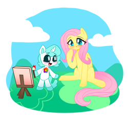 Size: 894x894 | Tagged: safe, fluttershy, pegasus, pony, g4, blue eyes, craftycorn, female, jewelry, mare, necklace, painting, poppy playtime, smiling, smiling critters