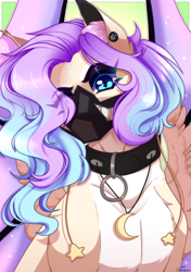 Size: 2760x3920 | Tagged: safe, artist:honeybbear, oc, oc only, oc:dreamy nightfall, bat pony, collar, colored wings, ear fluff, ear piercing, eyeshadow, facial markings, female, gauges, gradient mane, gradient wings, hair accessory, hair over one eye, hybrid wings, jewelry, looking at you, makeup, mask, necklace, piercing, solo, wings