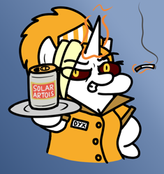 Size: 640x680 | Tagged: safe, artist:fluttershank, oc, oc only, oc:dyx, alicorn, alcohol, beer, beer can, cigarette, clothes, drink, gradient background, magic, smoking, solo, uniform, waitress