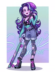 Size: 1526x2011 | Tagged: safe, artist:libbly_libby, starlight glimmer, human, equestria girls, g4, female, gradient background, long hair, passepartout, skateboard, solo