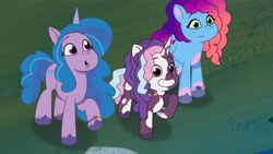 Size: 3072x1727 | Tagged: safe, screencap, izzy moonbow, misty brightdawn, violette rainbow, pony, unicorn, g5, my little pony: tell your tale, swirlpool starlight, spoiler:g5, spoiler:my little pony: tell your tale, spoiler:tyts02e06, :o, female, frown, grin, horn, mare, open mouth, rebirth misty, smiling, trio, trio female, vitiligo