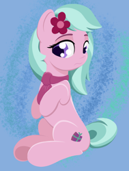 Size: 2480x3288 | Tagged: safe, artist:itchystomach, dahlia, earth pony, pony, g5, clothes, concave belly, concerned, digital art, female, flower, flower in hair, frown, mare, scarf, sitting, solo, turned head, underhoof