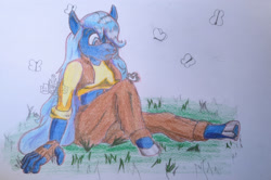 Size: 2000x1329 | Tagged: safe, artist:artsysafeq, oc, oc only, oc:moonlightshy, butterfly, anthro, unguligrade anthro, amazed, clothes, female, looking at something, open mouth, sitting, solo, traditional art