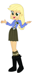 Size: 1500x3419 | Tagged: safe, artist:sketchmcreations, applejack, equestria girls, g4, boots, button-up shirt, clothes, dress shirt, female, maddie fitzpatrick, missing accessory, name tag, necktie, open mouth, plaid skirt, pleated skirt, shirt, shoes, shrug, simple background, skirt, smiling, socks, the suite life of zack and cody, transparent background, uniform, vector