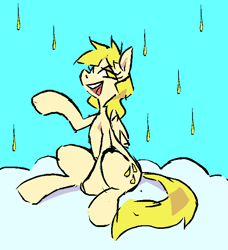 Size: 636x696 | Tagged: safe, artist:mizu wolf, oc, oc only, oc:golden showers, pegasus, pony, cloud, lidded eyes, on a cloud, open mouth, open smile, rain, simple background, sitting, smiling, solo