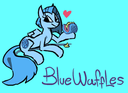 Size: 828x604 | Tagged: safe, artist:mizu wolf, oc, oc only, oc:blue waffles, pegasus, pony, food, heart, holding, lying down, prone, simple background, smiling, solo, waffle