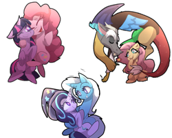 Size: 5275x4221 | Tagged: safe, artist:peanutfrogy, discord, fluttershy, pinkie pie, starlight glimmer, trixie, twilight sparkle, alicorn, draconequus, earth pony, pegasus, pony, unicorn, g4, clothes, cute, daaaaaaaaaaaw, diapinkes, diatrixes, discute, female, flower, glimmerbetes, hat, horn, hug, lesbian, male, ship:discoshy, ship:startrix, ship:twinkie, shipping, shyabetes, simple background, smiling, straight, transparent background, trixie's hat, twiabetes