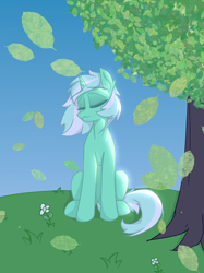 Size: 1036x1382 | Tagged: safe, artist:門久, lyra heartstrings, pony, unicorn, g4, background pony, eyes closed, horn, leaves, solo, tree