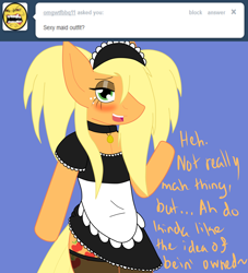 Size: 1164x1280 | Tagged: artist needed, source needed, safe, applejack, earth pony, semi-anthro, ask sexy applejack, g4, ask, clothes, collar, costume, french maid, green eyes, maid, simple background, solo, tumblr