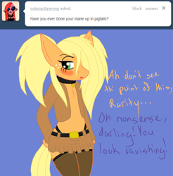 Size: 1257x1280 | Tagged: artist needed, source needed, safe, applejack, earth pony, semi-anthro, ask sexy applejack, g4, ask, blushing, clothes, green eyes, pigtails, simple background, skirt, solo, tumblr