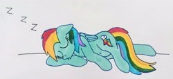 Size: 3838x1743 | Tagged: safe, artist:dhm, rainbow dash, pegasus, pony, g4, eyes closed, lying down, marker drawing, onomatopoeia, pen drawing, simple background, sleeping, sleepydash, snoring, solo, sound effects, traditional art, zzz