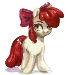 Size: 948x1046 | Tagged: safe, artist:renka2802, apple bloom, earth pony, pony, g4, female, filly, foal, simple background, sketch, smiling, solo, traditional art, watercolor painting, white background