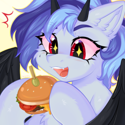 Size: 1000x1000 | Tagged: safe, artist:thieftea, oc, oc:lyra, hybrid, pegasus, pony, burger, commission, food, horns, multicolored hair, red eyes, shiny eyes, solo, wings, ych result