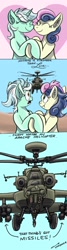 Size: 550x2048 | Tagged: safe, artist:buckweiser, bon bon, lyra heartstrings, sweetie drops, earth pony, pony, unicorn, g4, ah-64 apache, apache attack helicopter, attack helicopter, couple, female, helicopter, horn, interrupted, lesbian, love, mare, ship:lyrabon, shipping