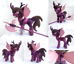 Size: 4166x3599 | Tagged: safe, artist:azdaracylius, oc, oc:quivis, changedling, changeling, halberd, irl, photo, plushie, purple changeling, solo, weapon