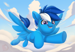 Size: 2890x1983 | Tagged: safe, artist:joaothejohn, oc, oc:cold front, pegasus, pony, cloud, commission, flying, full body, looking down, male, multicolored hair, pegasus oc, smiling, solo, spread wings, wings
