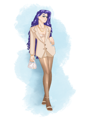 Size: 1640x2360 | Tagged: safe, artist:labrony12, rarity, human, g4, bag, bra, bracelet, clothes, coat, ear piercing, earring, eyeshadow, female, handbag, high heels, humanized, jewelry, makeup, nail polish, necklace, pantyhose, piercing, shoes, shorts, solo, suit, underwear