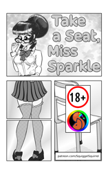 Size: 1299x2067 | Tagged: safe, artist:cybersquirrel, part of a set, sci-twi, twilight sparkle, human, comic:take a seat miss sparkle, equestria girls, g4, clothes, comic, explicit source, glasses, manga, miniskirt, monochrome, patreon, patreon link, patreon logo, skirt, socks, text, thigh highs, thigh socks, title page