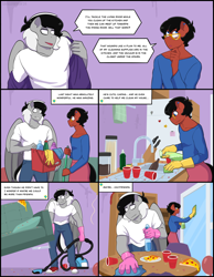Size: 2048x2643 | Tagged: safe, artist:shallowwin, oc, oc only, oc:benjamin terrance tover, oc:sound shock, earth pony, pegasus, anthro, comic:house party, after party, anthro oc, cleaning, clothes, comic, commission, dialogue, earth pony oc, gay, male, oc x oc, pegasus oc, romance, romantic, shipping